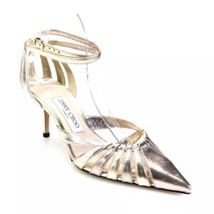 NWOB Jimmy Choo Womens Metallic Leather Pointed Toe Ankle Strap Pumps Gold 37.5